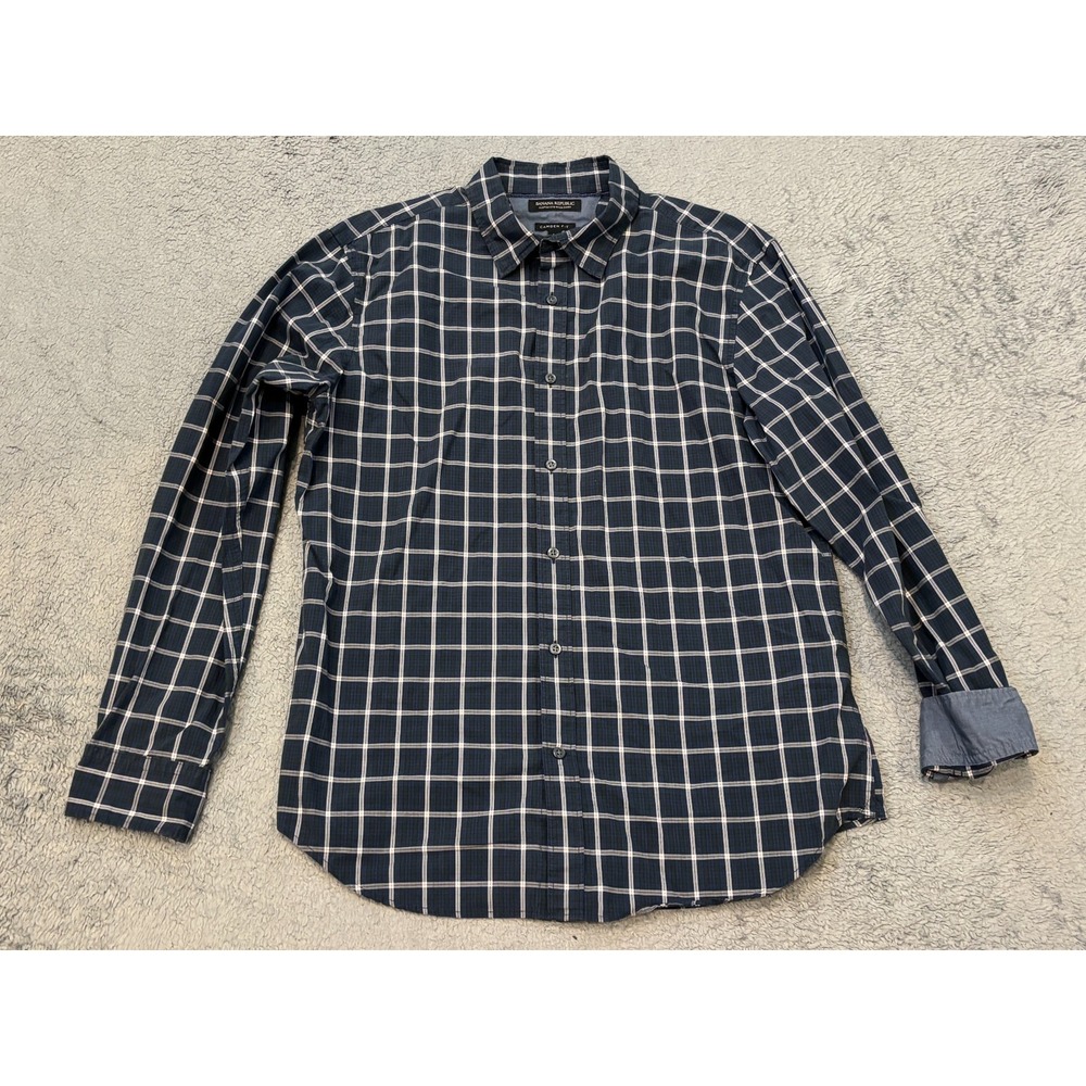 Banana Republic Shirt Mens L Blue Green Plaid Custom 078 Wash Camden Fit Button